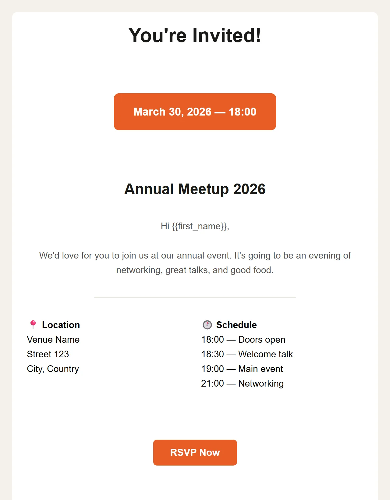 Voorbeeld van de nieuwsbrief template Event Invitation in 2Mail: kop, datumblok, naam van het event, locatie en programma naast elkaar en een inschrijfknop